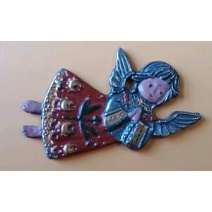 Vintage Kuhn Zinn Pewter German Angel 2 Gifts Painted Ornament Double Sided
